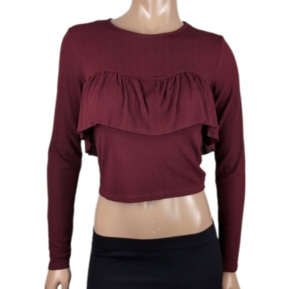 3/$20 Zara W&B Collection Maroon Long Sleeve Crop Top Tiered Ruffle Flounce Fall - Picture 1 of 11